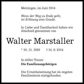 Anzeige von Walter Marstaller von Reutlinger Generalanzeiger