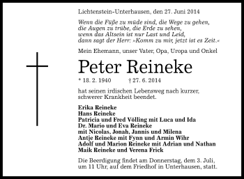 Anzeige von Peter Reineke von Reutlinger Generalanzeiger