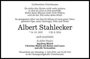 Anzeige von Albert Stahlecker von Reutlinger Generalanzeiger