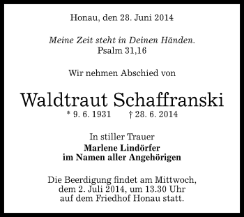 Anzeige von Waltraut Schaffranski von Reutlinger Generalanzeiger