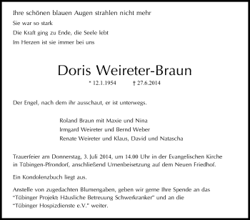 Anzeige von Doris Weireter-Braun von Reutlinger Generalanzeiger