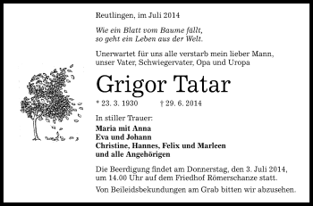 Anzeige von Grigor Tatar von Reutlinger Generalanzeiger