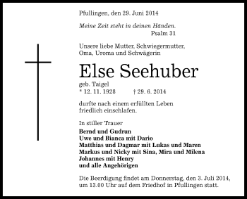 Anzeige von Else Seehuber von Reutlinger Generalanzeiger