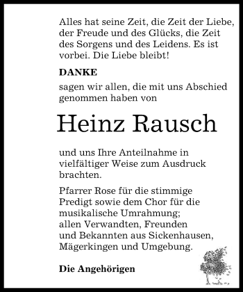 Anzeige von Heinz Rausch von Reutlinger Generalanzeiger