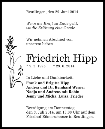 Anzeige von Friedrich Hipp von Reutlinger Generalanzeiger
