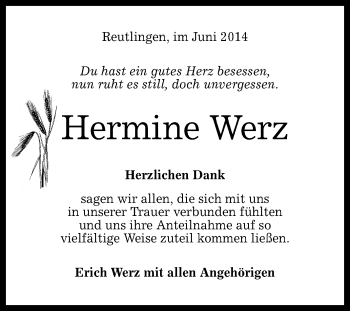Anzeige von Hermine Werz von Reutlinger Generalanzeiger