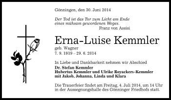 Anzeige von Erna-Luise Kemmler von Reutlinger Generalanzeiger