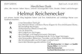 Anzeige von Helmut Reichenecker von Reutlinger Generalanzeiger