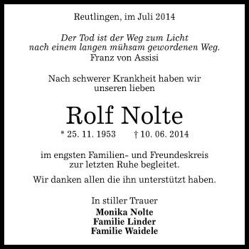 Anzeige von Rolf Nolte von Reutlinger Generalanzeiger