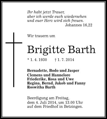 Anzeige von Brigitte Barth von Reutlinger Generalanzeiger