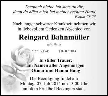 Anzeige von Reingard Bahnmüller von Reutlinger Generalanzeiger