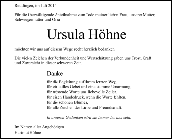 Anzeige von Ursula Höhne von Reutlinger Generalanzeiger
