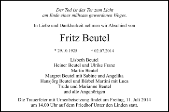 Anzeige von Fritz Beutel von Reutlinger Generalanzeiger