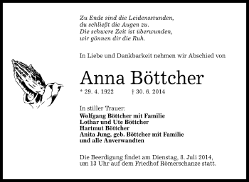 Anzeige von Anna Böttcher von Reutlinger Generalanzeiger