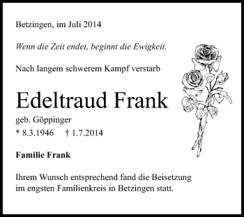 Anzeige von Edeltraud Frank von Reutlinger Generalanzeiger