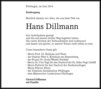 Anzeige von Hans Dillmann von Reutlinger Generalanzeiger