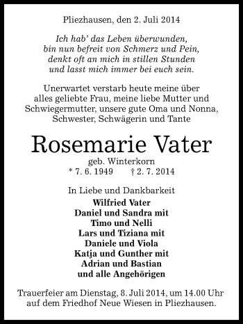 Anzeige von Rosemarie Vater von Reutlinger Generalanzeiger