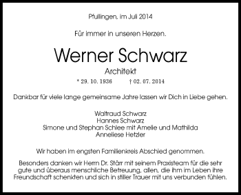 Anzeige von Werner Schwarz von Reutlinger Generalanzeiger