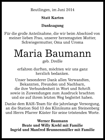 Anzeige von Maria Baumann von Reutlinger Generalanzeiger