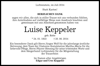 Anzeige von Luise Keppeler von Reutlinger Generalanzeiger