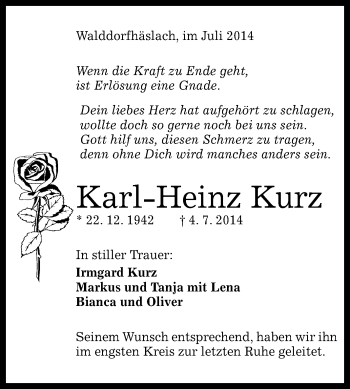 Anzeige von Karl-Heinz Kurz von Reutlinger Generalanzeiger
