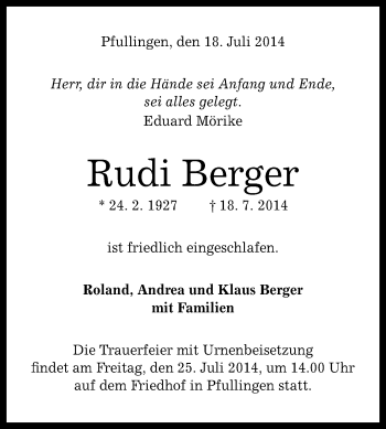 Anzeige von Rudi Berger von Reutlinger Generalanzeiger