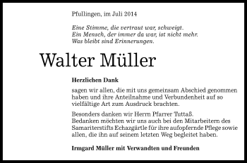Anzeige von Walter Müller von Reutlinger Generalanzeiger
