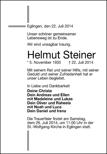 Anzeige von Helmut Steiner von Reutlinger Generalanzeiger