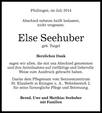 Anzeige von Else Seehuber von Reutlinger Generalanzeiger