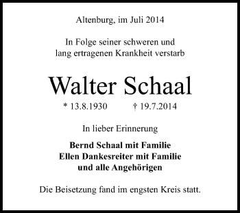 Anzeige von Walter Schaal von Reutlinger Generalanzeiger