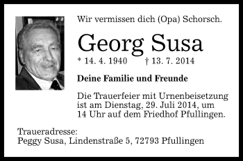 Anzeige von Georg Susa von Reutlinger Generalanzeiger