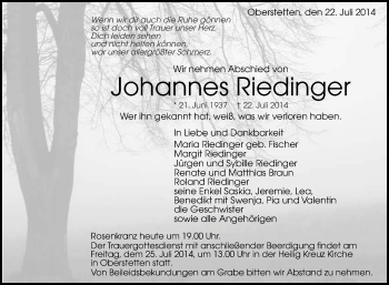 Anzeige von Johannes Riedinger von Reutlinger Generalanzeiger