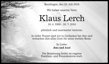 Anzeige von Klaus Lerch von Reutlinger Generalanzeiger