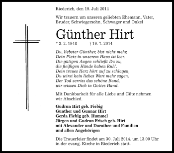 Anzeige von Günther Hirt von Reutlinger Generalanzeiger