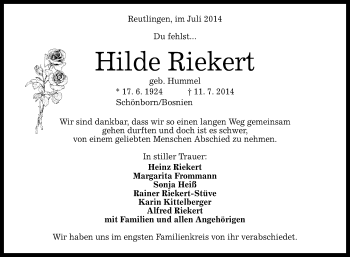 Anzeige von Hilde Riekert von Reutlinger Generalanzeiger