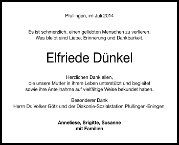 Anzeige von Elfriede Dünkel von Reutlinger Generalanzeiger