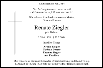 Anzeige von Renate Ziegler von Reutlinger Generalanzeiger