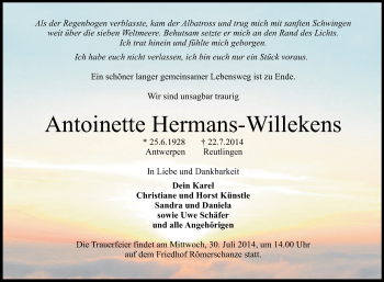 Anzeige von Antoinette Hermans-Willekens von Reutlinger Generalanzeiger