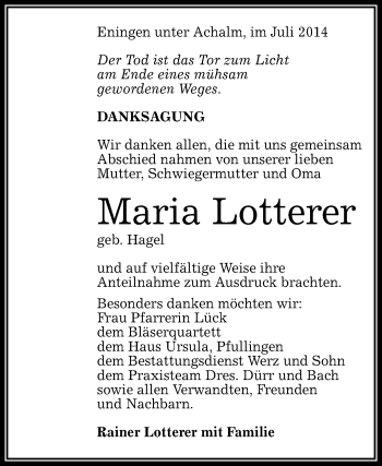 Anzeige von Maria Lotterer von Reutlinger Generalanzeiger