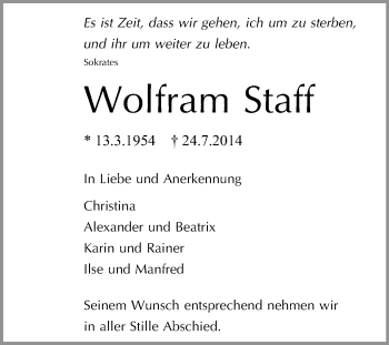 Anzeige von Wolfram Staff von Reutlinger Generalanzeiger