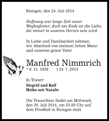 Anzeige von Manfred Nimmrich von Reutlinger Generalanzeiger