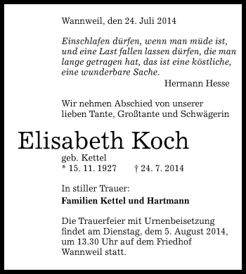 Anzeige von Elisabeth Koch von Reutlinger Generalanzeiger
