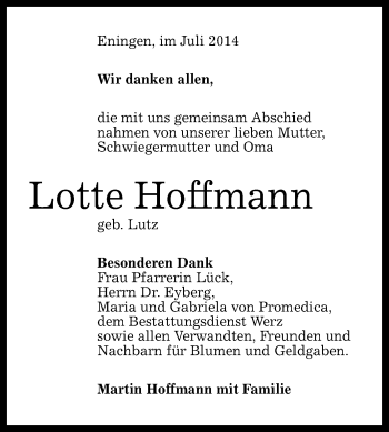 Anzeige von Lotte Hoffmann von Reutlinger Generalanzeiger