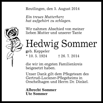 Anzeige von Hedwig Sommer von Reutlinger Generalanzeiger
