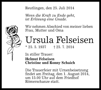 Anzeige von Ursula Felseisen von Reutlinger Generalanzeiger