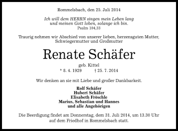 Anzeige von Renate Schäfer von Reutlinger Generalanzeiger
