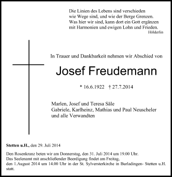 Anzeige von Josef Freudemann von Reutlinger Generalanzeiger