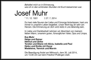 Anzeige von Josef Muhr von Reutlinger Generalanzeiger