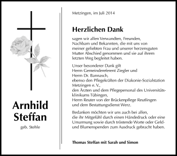 Anzeige von Arnhild Steffan von Reutlinger Generalanzeiger