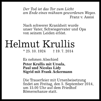 Anzeige von Helmut Krullis von Reutlinger Generalanzeiger
